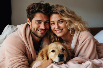 Couple in Love Cuddling with Happy Golden Retriever