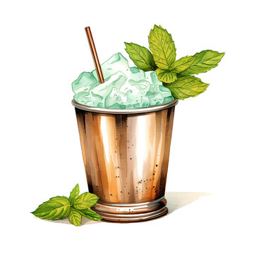Copper cup with crushed ice and mint leaves, copper straw inserted