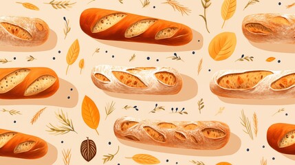 Background set of Freshly Baked French Baguettes with Autumn Leaves. - obrazy, fototapety, plakaty