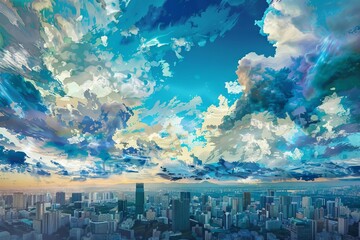 Surreal Cloudscape Above City in Style of Van Gogh Oil Paintings, Abstract Illustration Background