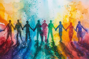 Watercolor painting of diverse people united, holding hands in colorful abstract style, diversity concept - obrazy, fototapety, plakaty
