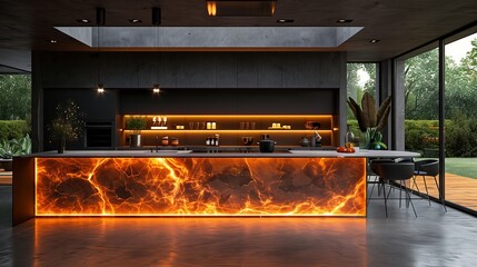 A kitchen with a countertop that has a lava rock design and orange lights