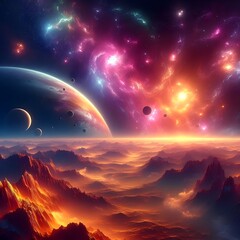 distant future. the sun rises over the atmosphere of an alien landscape. the stars are visible. cosmic nebulae. Rivers and oceans flow on the planet. beautiful pic