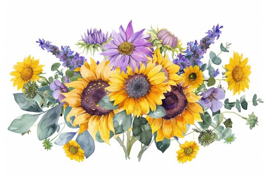 Watercolor wildflowers bouquet with common tansy and sunflowers, botanical clipart illustration