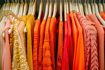 Vibrant assortment of clothing on hangers with gold chains and necklaces in a closet