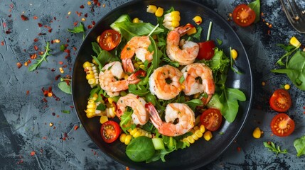 Plate of shrimp, corn salad, tomatoes, spinach