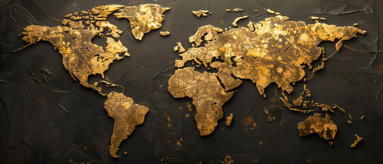 Luxurious Golden World Map on a Textured Black Background Representing Global Business
