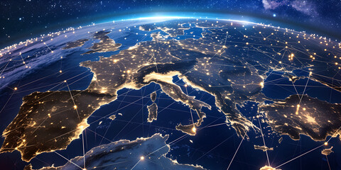 europe map and point illuminating in digital network light , the globe with data network and lines, mediterranean landscapes, glowing lights, aerial view, regionalism  - obrazy, fototapety, plakaty