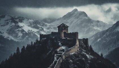 image of a majestic ancient fortress amidst snowy mountain range generative ai - obrazy, fototapety, plakaty