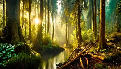 lush woods at sunrise generative ai