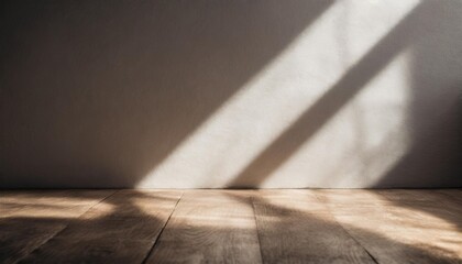 aesthetic geometric sunlight shadows on white textured wall and beige wooden floor empty template...