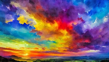 watercolor background sunset sky with puffy clouds painted in colorful skyscape with texture cloudy...