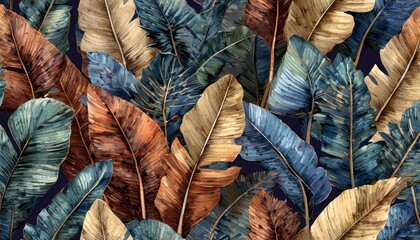 tropical exotic seamless pattern with dark blue and brown vintage banana leaves palm and colocasia...