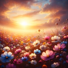 Fototapeta na wymiar beautiful wild flowers against the background of sunrise beautiful wallpaper pic