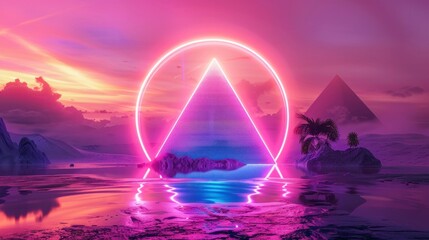neon pyramid inside a neon circle in an orange sunset in high resolution and quality
