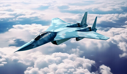 Modern Fighter Jet Flying Over Clouds. Military Aviation and Air Force Concept. Aerospace Engineering and Military Technology - obrazy, fototapety, plakaty