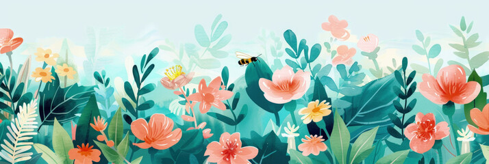 A painting featuring colorful flowers in bloom with a bee hovering over them, set against a vibrant blue background - obrazy, fototapety, plakaty