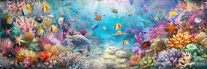 Fototapeta na wymiar Watercolor painting of vibrant underwater scene teeming with various fish swimming among colorful corals