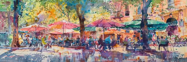 People sitting at tables outdoors under colorful umbrellas enjoying food and drinks together on a sunny day - obrazy, fototapety, plakaty