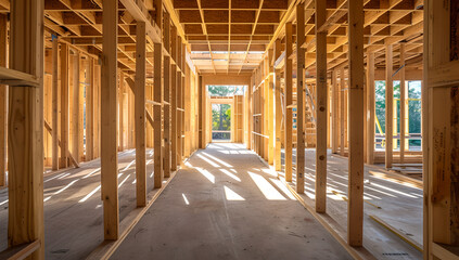 wood framing for a home being built, New house construction, Wooden frame with truss, post and beams , sunlight-filled scenes