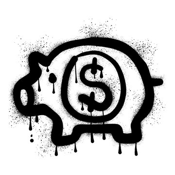 Piggy bank graffiti drawn with black spray paint