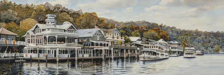 Watercolor painting depicting a boat dock lined with houses, situated on a body of water. The scene captures the essence of a waterfront community