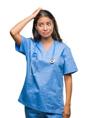 Young arab doctor surgeon woman over isolated background confuse and wonder about question. Uncertain with doubt, thinking with hand on head. Pensive concept.