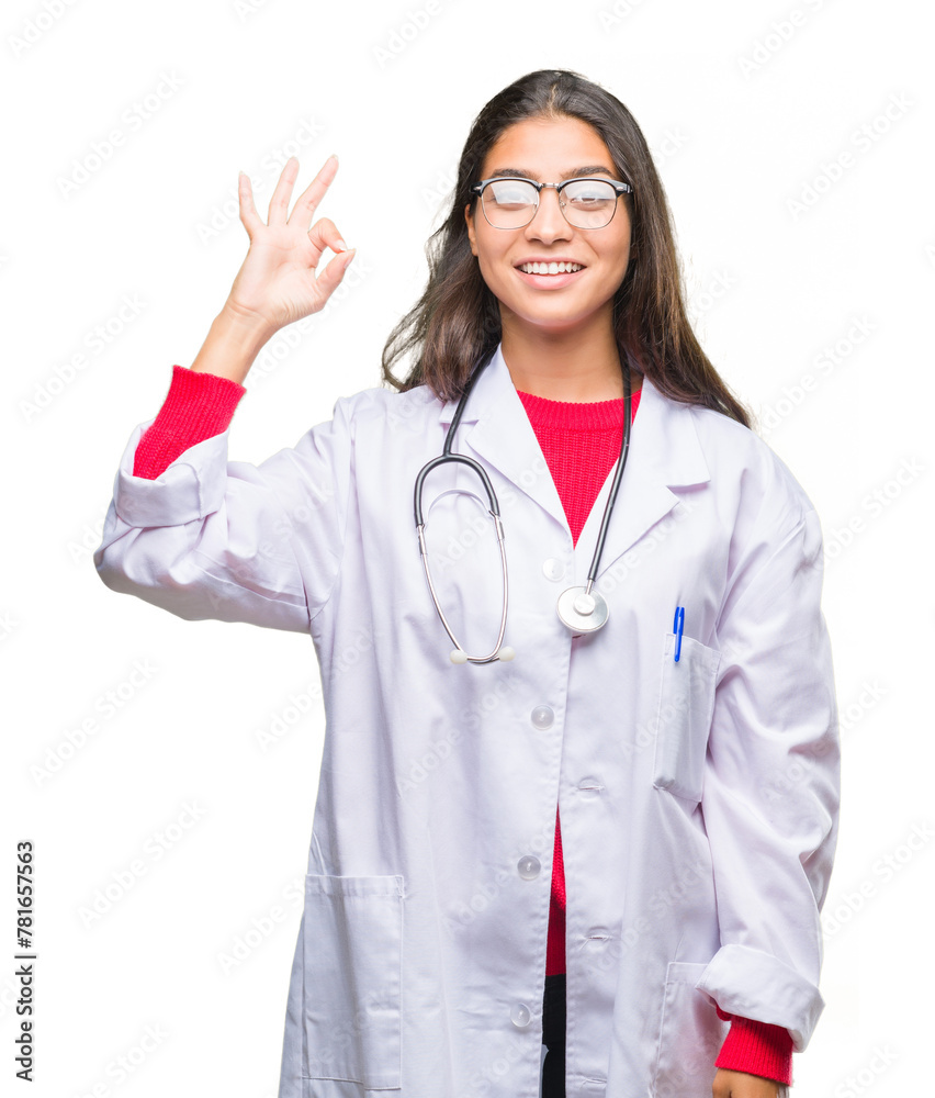 Sticker Young arab doctor woman over isolated background smiling positive doing ok sign with hand and fingers. Successful expression.