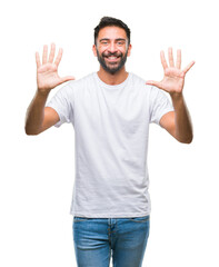 Adult hispanic man over isolated background showing and pointing up with fingers number ten while smiling confident and happy.