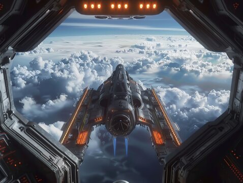 Futuristic spaceship soaring above fluffy clouds, as seen from within the dark cockpit's interior