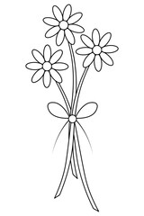 Camomiles. Sketch. Delicate bouquet of flowers. Spring daisies. Flowering plant. Bow decoration.