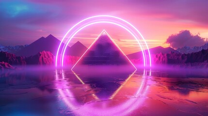 pyramid inside a neon circle with a large lake and an orange sunset in high resolution and quality