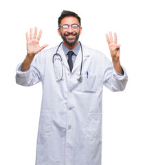 Adult hispanic doctor man over isolated background showing and pointing up with fingers number eight while smiling confident and happy.