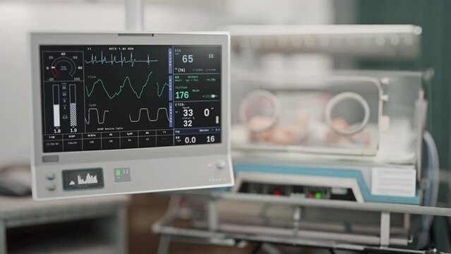 Lifesigns hospital monitoring device detecting death of a sick newborn child. Monitoring device alarming the doctors of patient death. Monitoring device displays quick death of an ill baby.