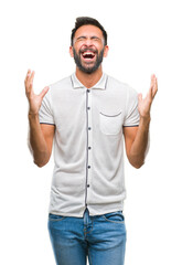 Fototapeta premium Adult hispanic man over isolated background celebrating mad and crazy for success with arms raised and closed eyes screaming excited. Winner concept