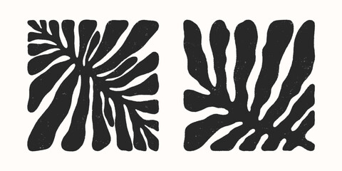 Vector black and white hand drawn floral square compositions.Hand drawn organic abstract shapes.Trendy contemporary art perfect for prints,flyers,banners,fabriс,branding design,covers.