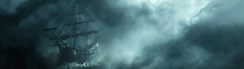 A ghostly ship appears on a sea of lost souls, enveloped in swirling fog - obrazy, fototapety, plakaty