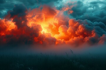 The image portrays an intense sunset scene with vibrant orange clouds contrasting against a dark, moody sky