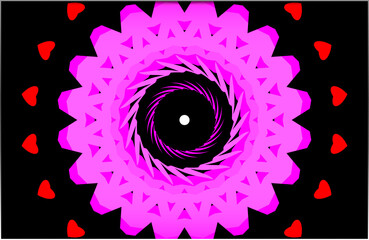 Abstract, A vibrant magenta and black mandala pattern, dominates the center of the composition, with a white dot at its core, within a border