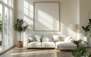 Fototapeta na wymiar Modern living room interior with a comfortable white sofa, blank picture frame, floor lamp, and potted plants by large windows with sunlight casting shadows on the wall.