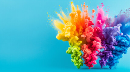 A dynamic and colorful explosion of powder paints creating a rainbow spectrum against a vivid blue...