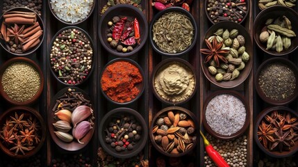 Variety of spices in bowls on tabletop