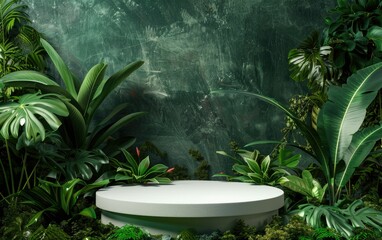 Empty white display podium surrounded by lush tropical plants against a textured dark green background, ideal for product presentation or nature-themed design.