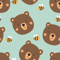 Cute bear seamless pattern. Baby background with bear and bee Vector illustration. It can be used for wallpapers, wrapping, cards, patterns for clothing and others.
