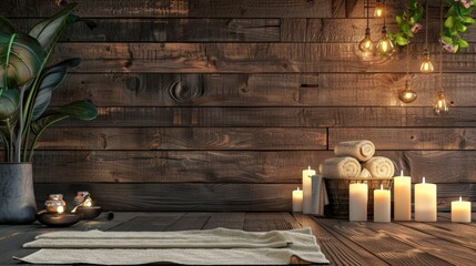 Candles and towels on wooden table with plant