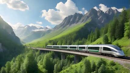 Fast train passing through a verdant, mountainous, and forest-filled environment is an example of a green energy and transportation concept. - obrazy, fototapety, plakaty