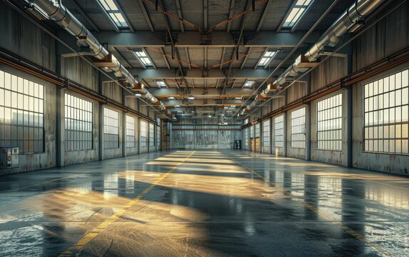 Spacious industrial warehouse interior with large windows, sunlight casting reflections on a glossy concrete floor, and a high ceiling with fluorescent lights.
