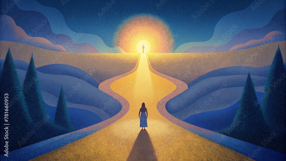 Poster a turning point in the road with one path leading to darkness and the other to light represents the 