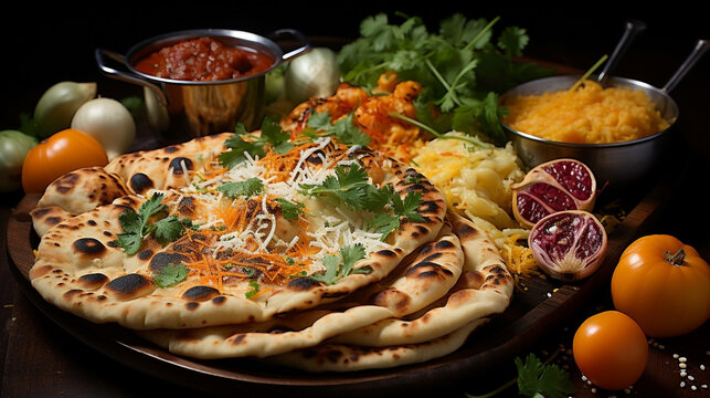 Wide traditional Indian food recipe banner mage, detailed closeup photo of naan bread on a tray with gravies and curries around in dark background 