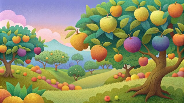 A lush orchard filled with an array of colorful fruits each one more enticing and delicious than the last. The branches are weighed down with